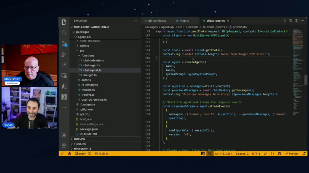 Screenshot from Azure Cosmos DB TV showing a live coding demo in Visual Studio Code. The editor displays a TypeScript project for an agent API using MCP and LangChain.js, with code creating an agent, loading tools, and streaming chat responses. Video thumbnails of Mark Brown and Yohan Lasorsa appear on the left side of the screen.