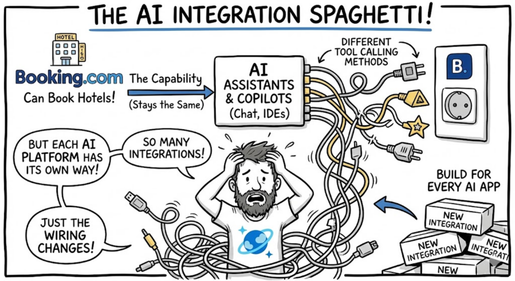 Illustrated cartoon titled “The AI Integration Spaghetti.” A developer wearing an Azure Cosmos DB shirt looks stressed while tangled in a mess of cables connecting an app like Booking.com to AI assistants and copilots. The image shows many different plugs and tool-calling methods, representing how each AI platform requires a separate integration even though the core capability stays the same. Stacked boxes labeled “New Integration” emphasize the growing complexity and duplicated wiring.