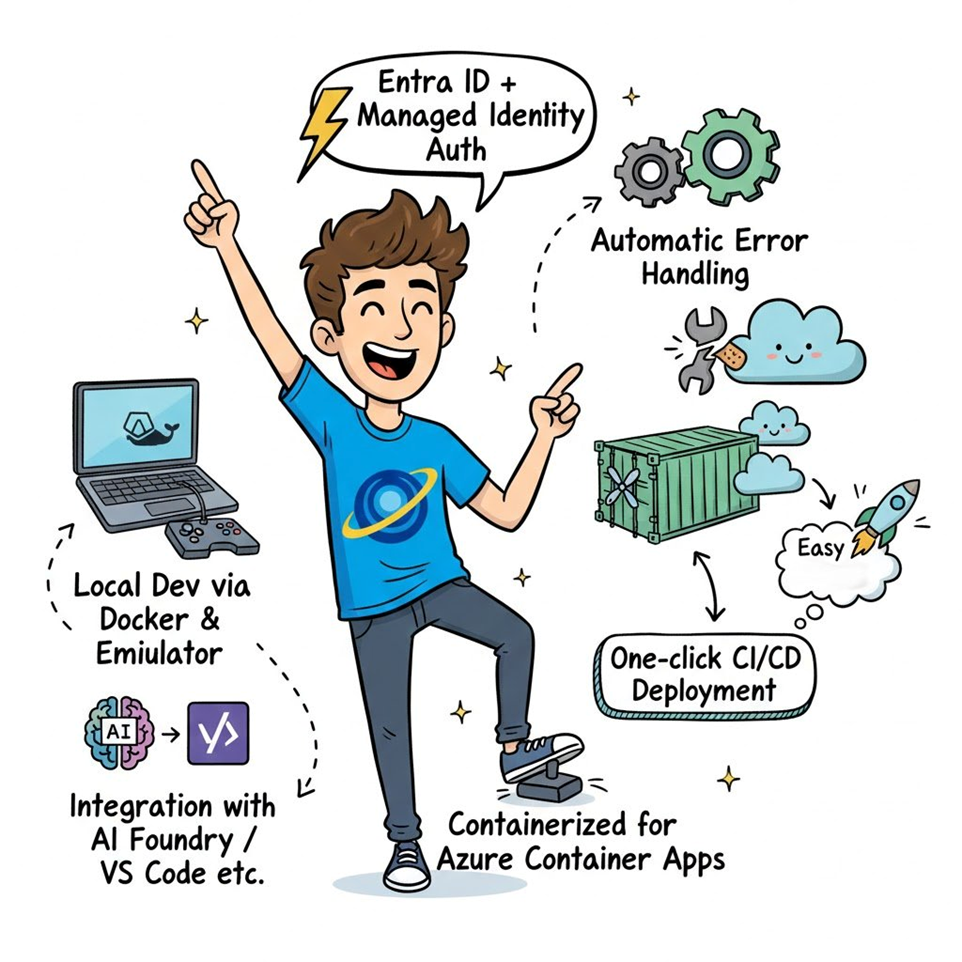 Illustrated character wearing an Azure Cosmos DB shirt celebrates while pointing to features around him. Callouts highlight Entra ID with managed identity authentication, automatic error handling, local development using Docker and the Cosmos DB emulator, containerized deployment to Azure Container Apps, one-click CI/CD deployment, and integration with AI Foundry and Visual Studio Code. The image emphasizes secure, developer-friendly deployment and operations for the Azure Cosmos DB MCP Toolkit.