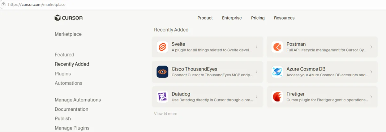Cursor marketplace webpage showing recently added plugins, including Azure Cosmos DB, Svelte, Postman, Cisco ThousandEyes, Datadog, and Firetiger, with navigation options for browsing and managing plugins.