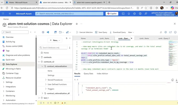 Azure Cosmos DB query interface visualizing JSON documents, data explorer results, and real-time querying for agentic AI, vector search, and enterprise-scale applications.