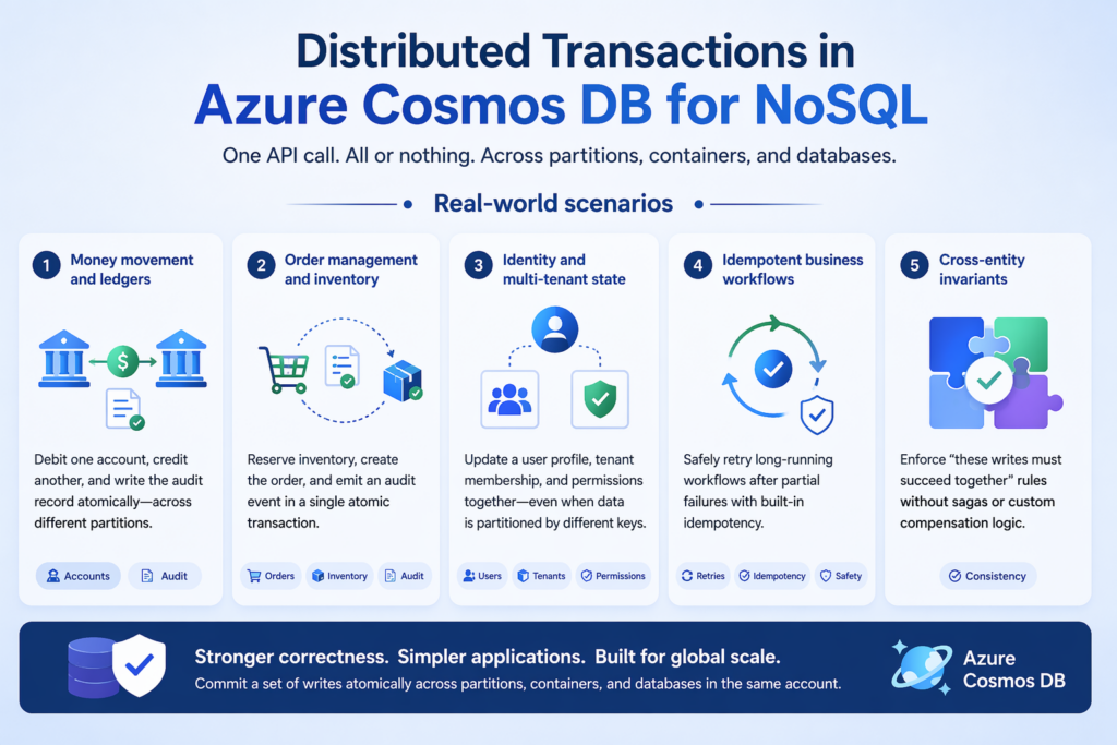 Infographic titled "Distributed Transactions in Azure Cosmos DB for NoSQL" explaining atomic transactions across partitions, containers, and databases. Five illustrated real-world scenarios are shown: money movement and ledgers, order management and inventory, identity and multi-tenant state, idempotent business workflows, and cross-entity invariants. Each panel includes icons and descriptions demonstrating transactional consistency, reliability, and correctness. A footer banner highlights stronger correctness, simpler applications, and global scale, alongside the Azure Cosmos DB logo.