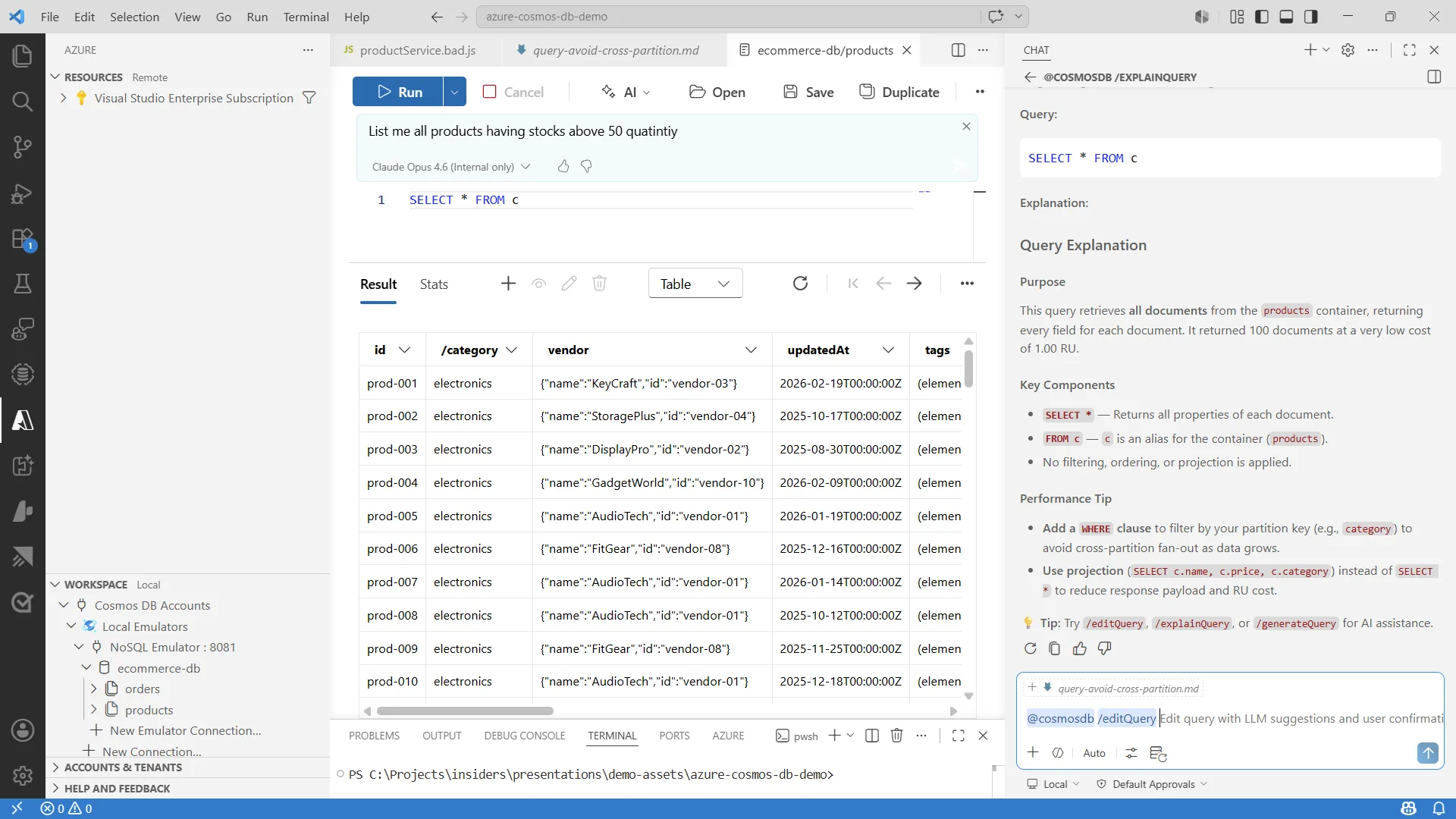 Screenshot of the Azure Cosmos DB chat query assistant interface inside Visual Studio Code. The dark-themed AI assistant panel shows a conversational experience where a developer interacts with Azure Cosmos DB using natural language, with generated queries, query suggestions, and contextual insights displayed alongside glowing blue futuristic UI elements.