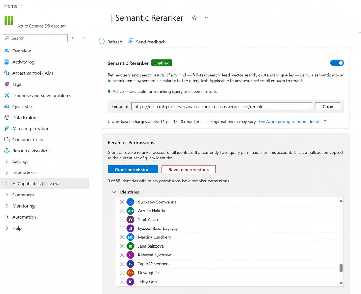 Screenshot of the Azure portal showing the Semantic Reranker feature enabled for an Azure Cosmos DB account. The interface displays an active semantic reranking endpoint URL and a toggle switch turned on. The feature description explains that Semantic Reranker refines full-text, feed, vector, and standard query results using semantic similarity. Below, a “Reranker Permissions” section allows administrators to grant or revoke reranker access for identities with query permissions. A list of user identities is shown, along with buttons for managing permissions. The left navigation menu includes Azure Cosmos DB sections such as Data Explorer, Container Copy, AI Capabilities (Preview), and Monitoring.