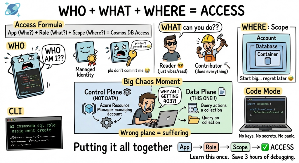 Illustrated Azure Cosmos DB access guide showing the formula “App + Role + Scope = Access,” with managed identities, Reader and Contributor roles, account-to-container scopes, control-plane versus data-plane permissions, CLI commands, and keyless code access.