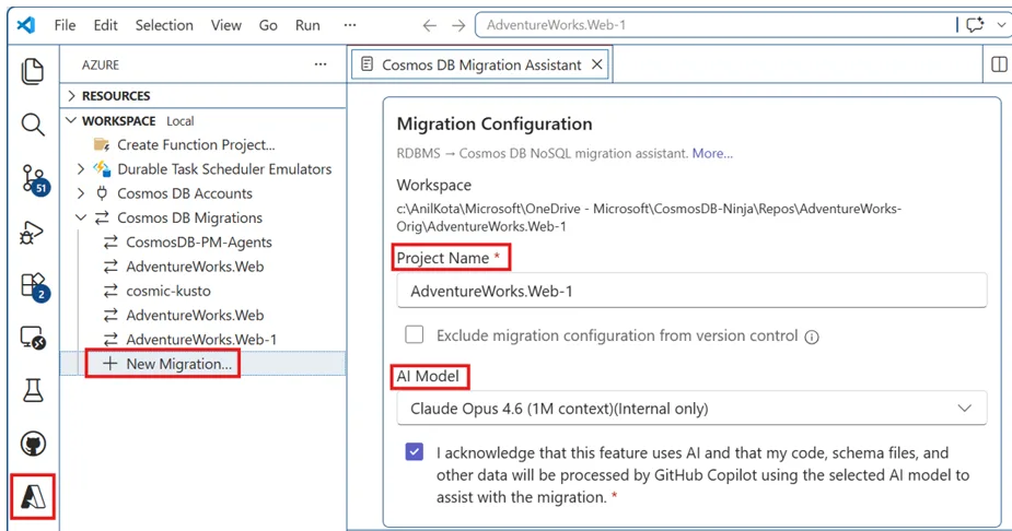 Screenshot showing VS Code Extension Azure Cosmos DB Workspace option to initialize Migration Assistant Project.