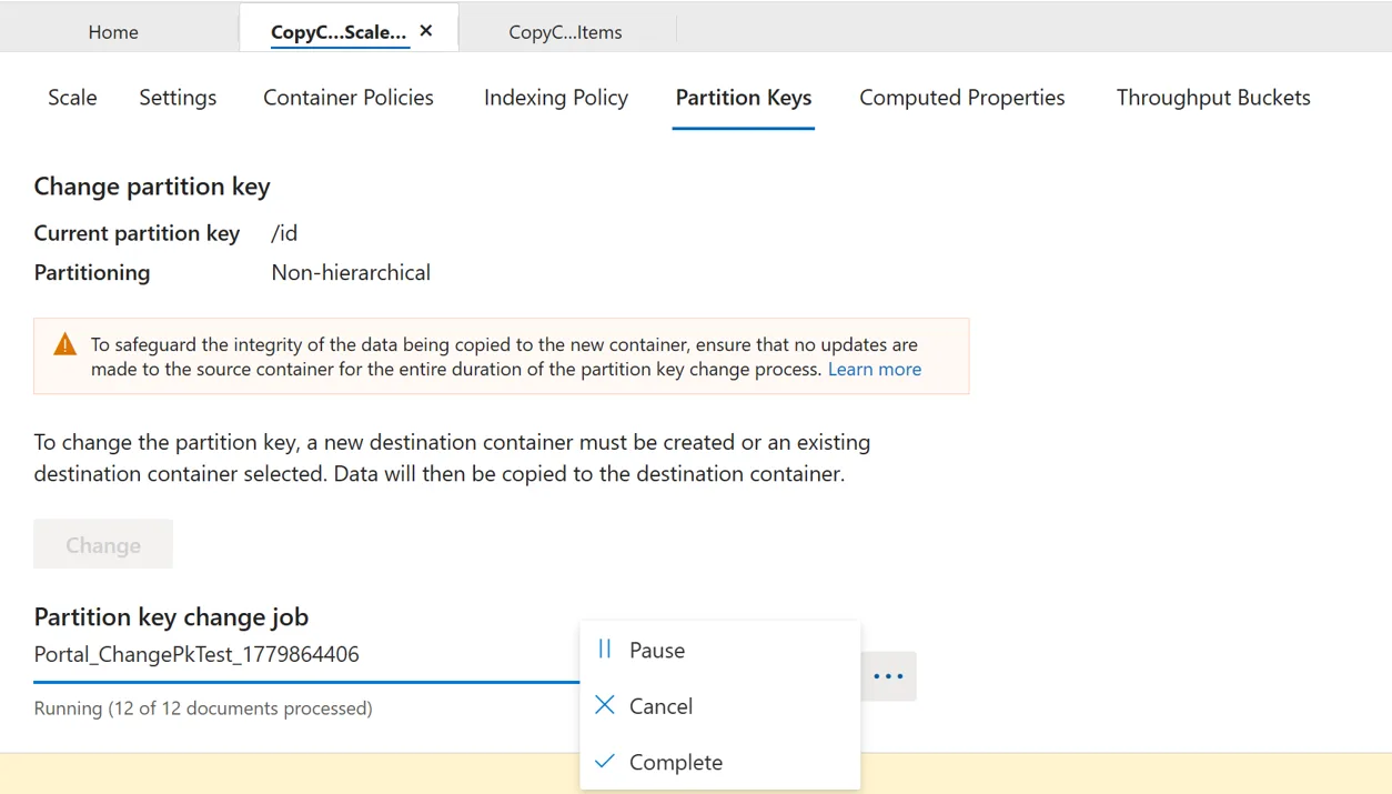 Screenshot from the Azure portal showing the Change Partition Key experience for Azure Cosmos DB. The interface displays options to configure a partition key migration job, including selecting source and destination containers, choosing online or offline copy mode, and monitoring migration progress. The UI highlights the ability to repartition containers with near-zero downtime while continuing writes to the source container. The screenshot uses the Azure portal’s dark theme with configuration panels, progress indicators, and Azure Cosmos DB navigation menus visible.