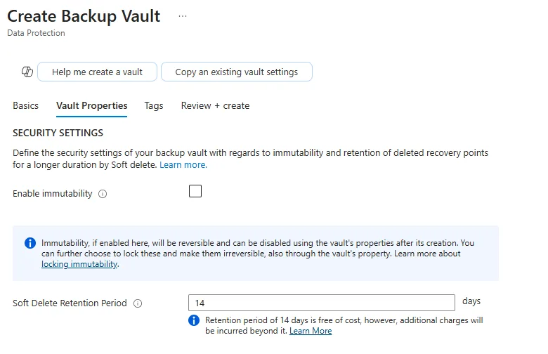 Azure portal screen for creating a Backup Vault, showing options to enable immutability and set a 14-day soft delete retention period.