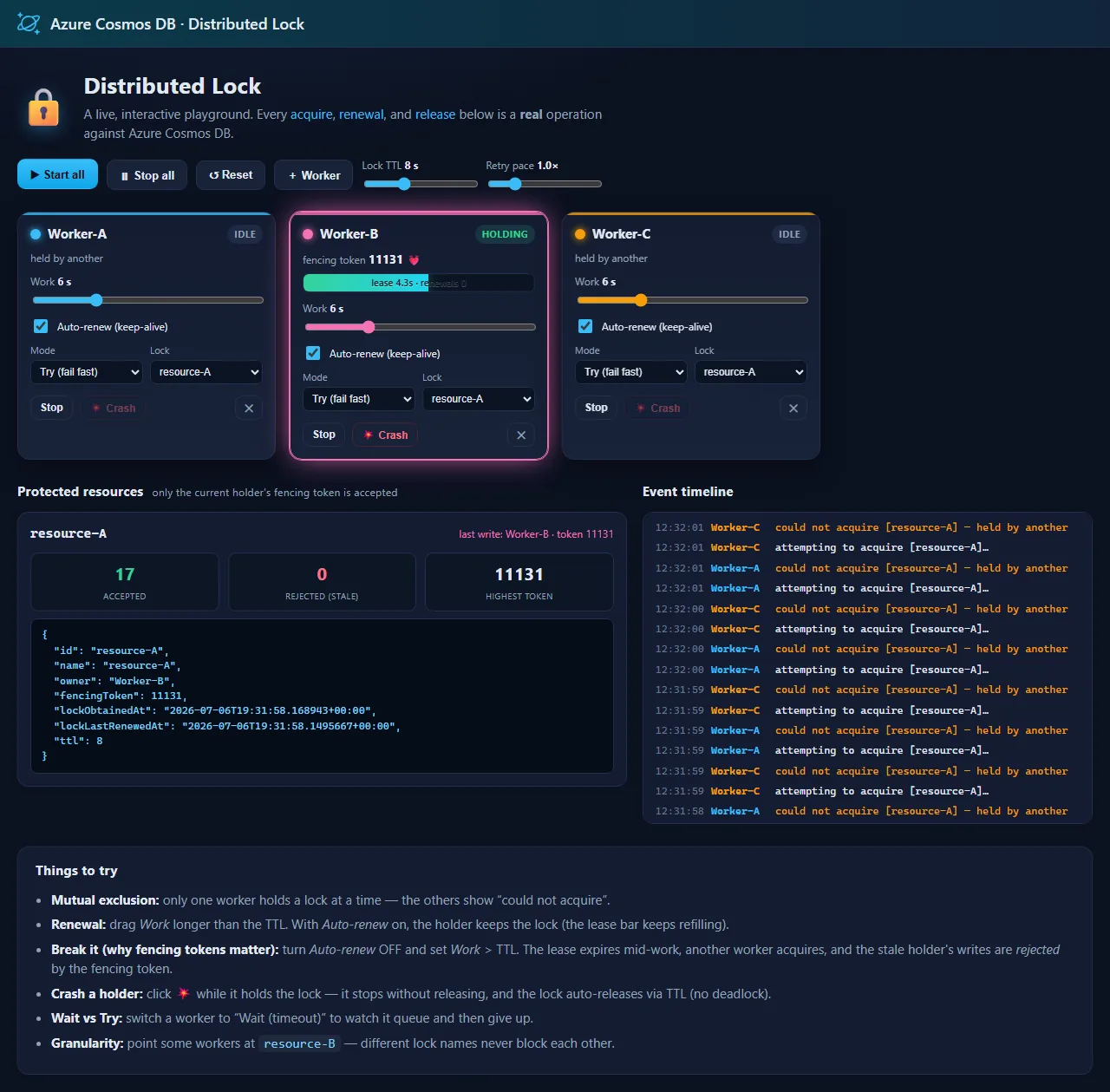 The Distributed Lock web front end: three workers competing for a lock, with Worker‑B holding it (fencing token 11131) while Workers A and C are locked out, a protected resource showing 17 accepted / 0 rejected writes, and a live event timeline.