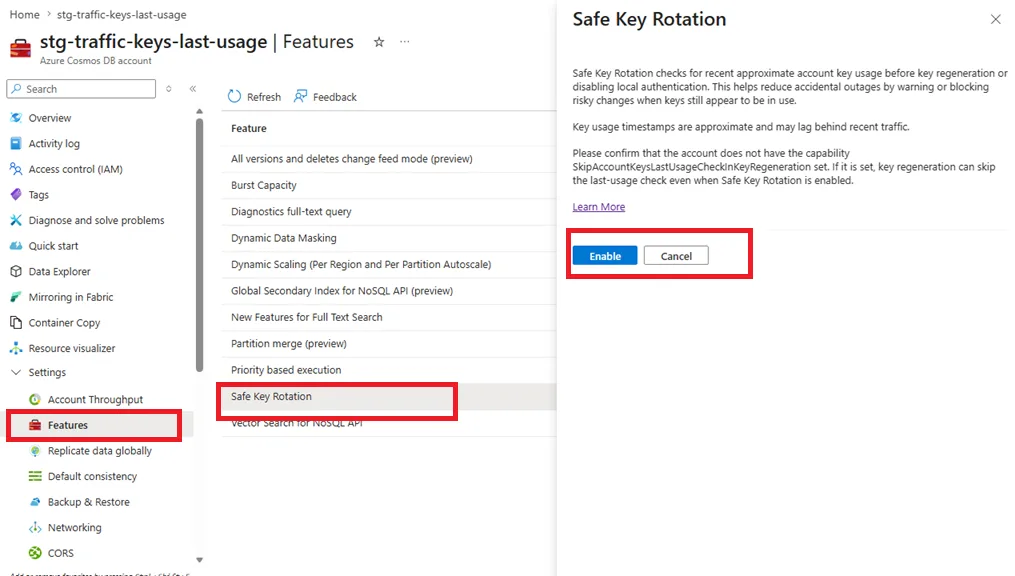 Image on how to enable the safe key rotation on azure portal