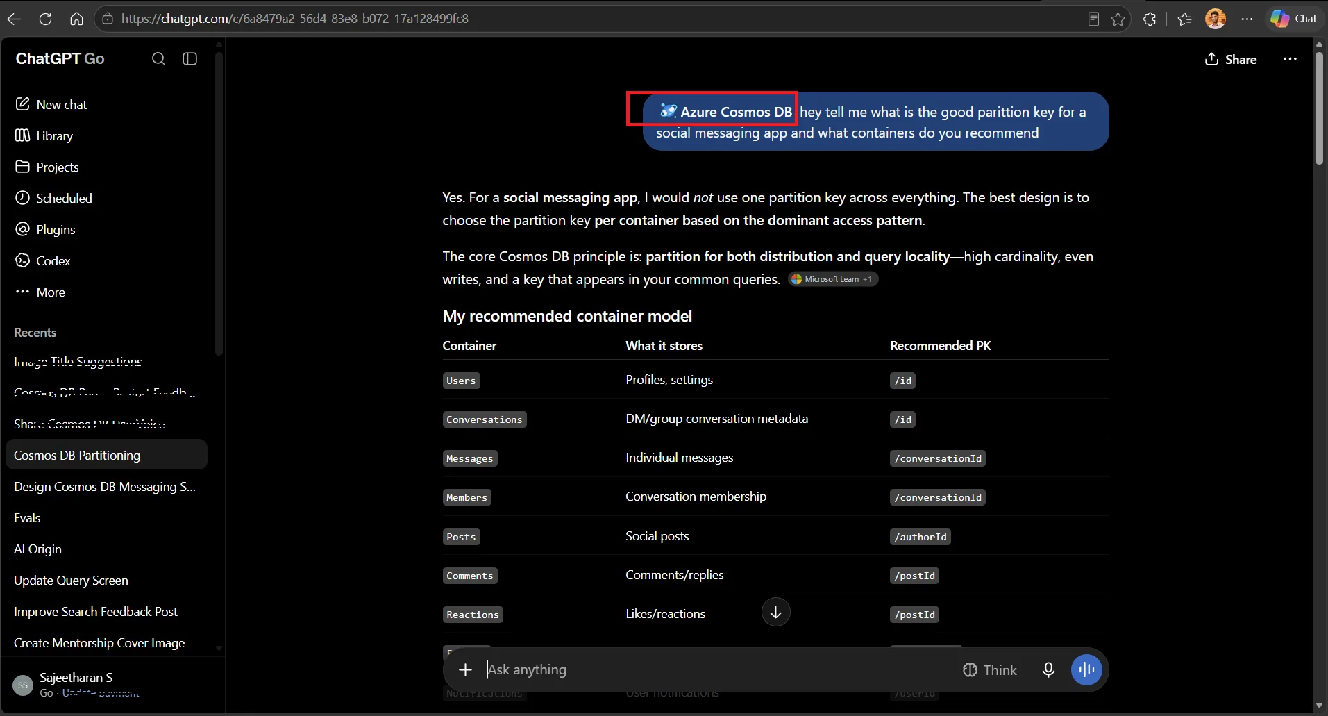 ChatGPT interface showing Cosmos DB Agent Kit providing partition key and container recommendations for a social messaging app, including a Cosmos DB container model table.