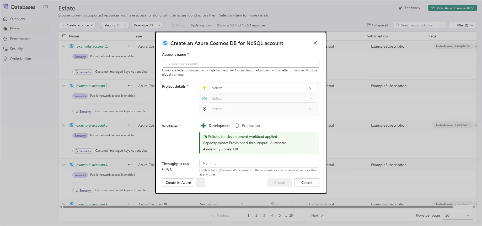 The Create an Azure Cosmos DB for NoSQL account dialog in Database Hub, with fields for account name, subscription, resource group, region, workload type set to Development, and an optional throughput cap.