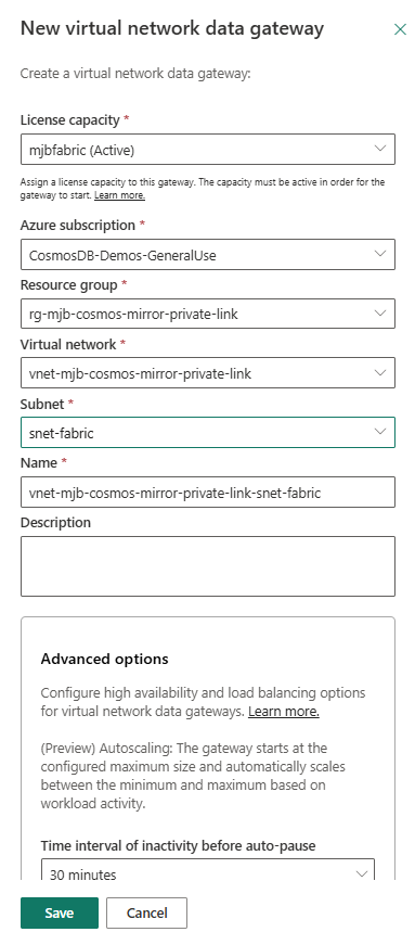 Screenshot of the New virtual network data gateway dialog in Microsoft Fabric, showing fields for license capacity, Azure subscription, resource group, virtual network, and the delegated gateway subnet.