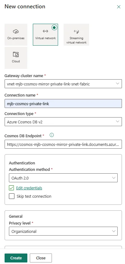 Screenshot of the New connection dialog in Microsoft Fabric with connectivity type set to Virtual network, connection type set to Azure Cosmos DB v2, and authentication method set to OAuth 2.0.