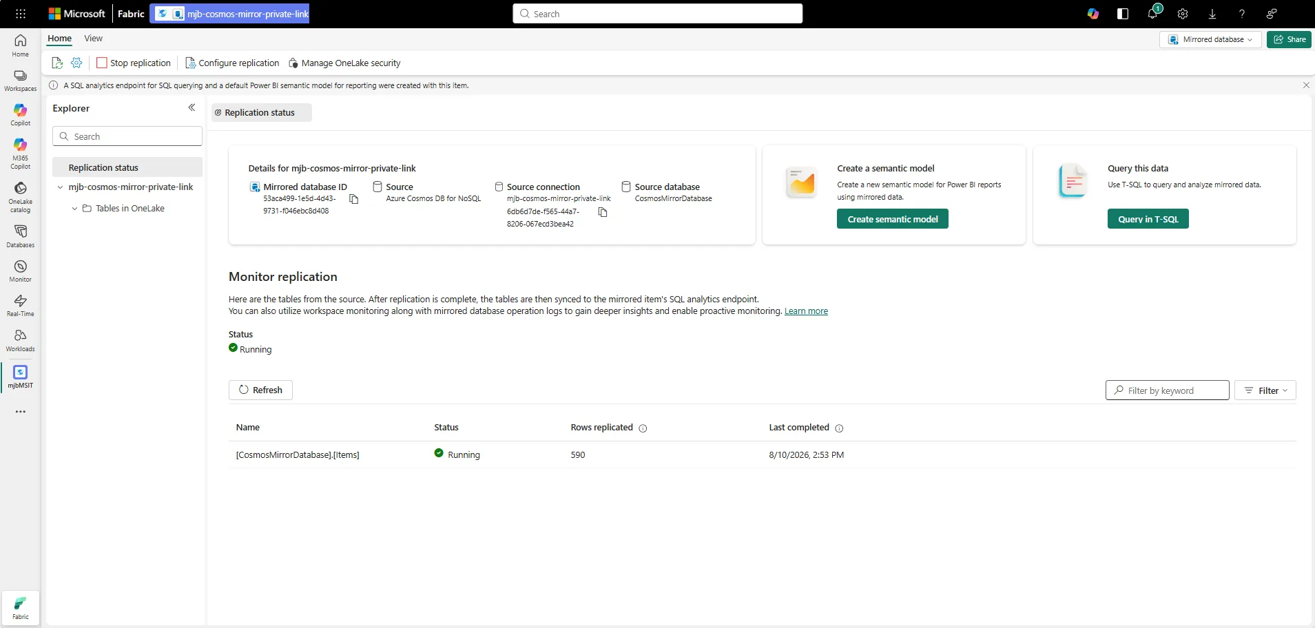 Screenshot of a mirrored database in Microsoft Fabric showing replication status as Running, with the source connection, source database, and rows replicated for each table.
