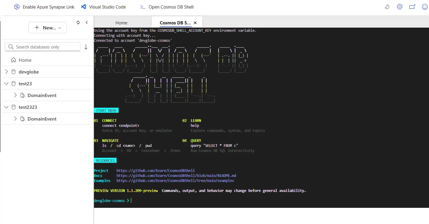 Azure Cosmos DB Shell in Portal