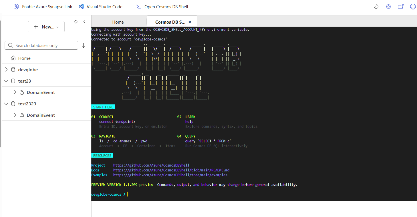 Azure Cosmos DB Shell in Portal