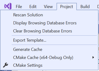 New Project menu with CMake Settings and cache control.