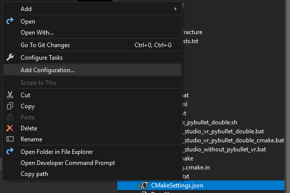 CMakeSettings.json context menu for Add Configuration