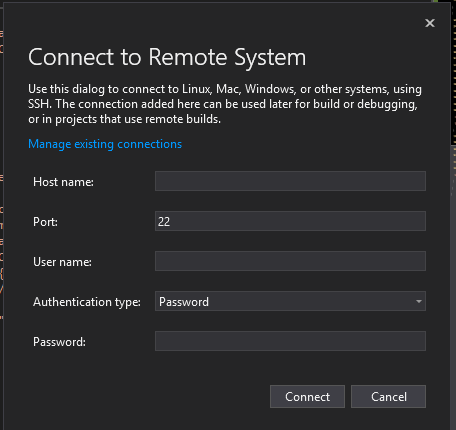 Visual Studio Connect to Remote System dialog