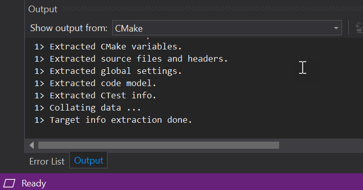 Visual Studio Output window showing output from CMake