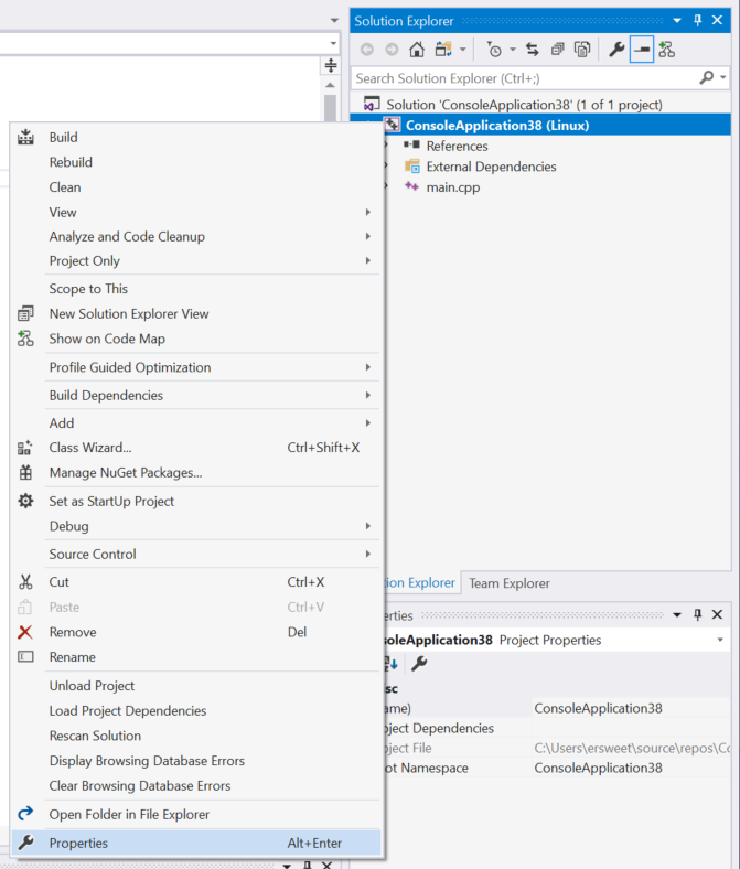 The Solution Explorer in Visual Studio. "Properties" is selected from the project's context menu.