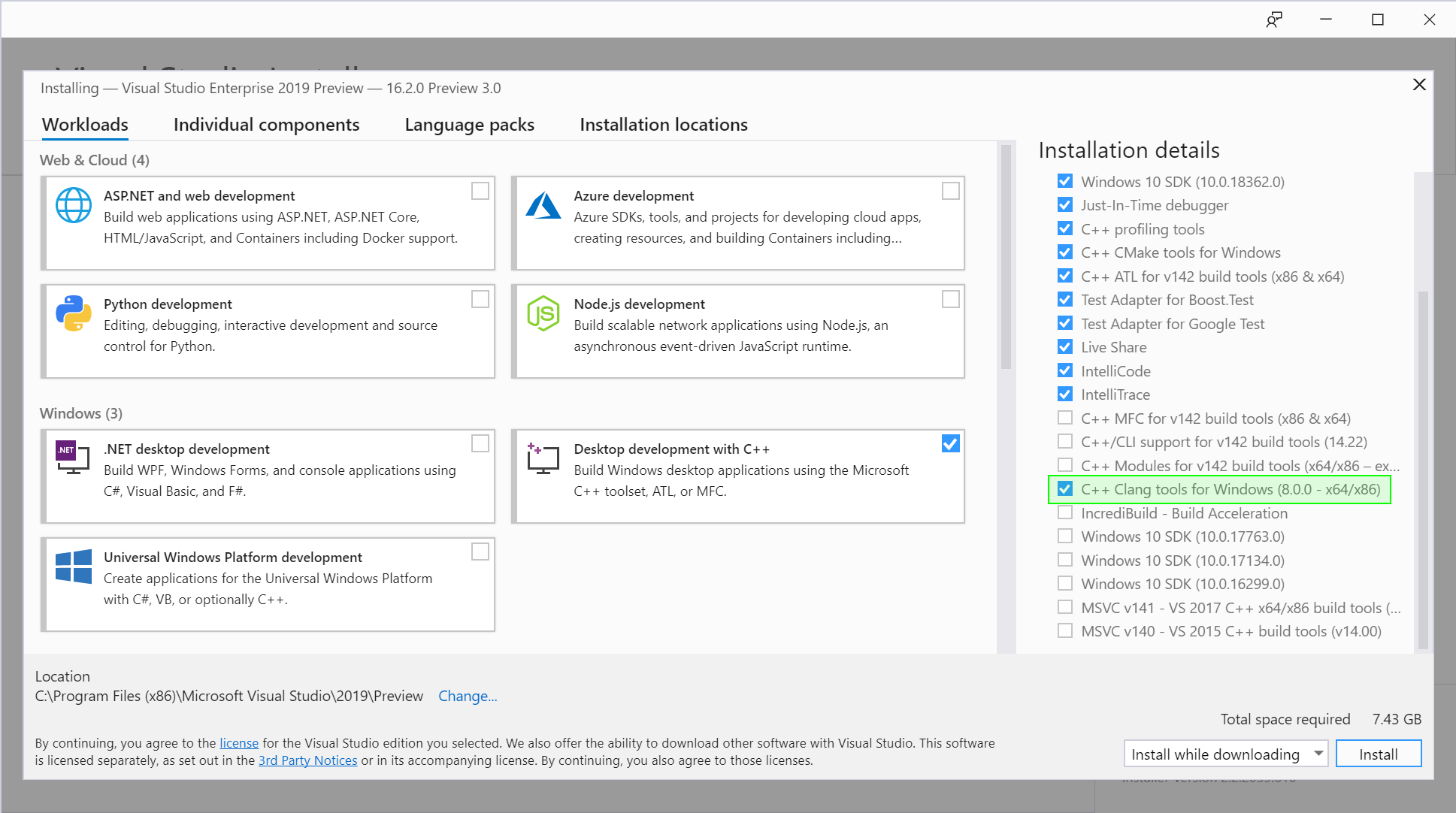 Install the “C++ Clang tools for Windows” component with the “Desktop development with C++” workload.