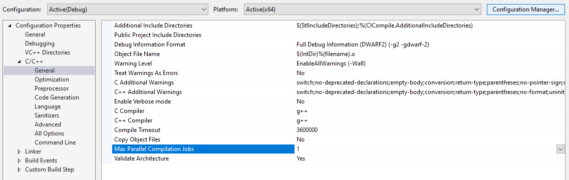 Configure max parallel compilation jobs for Linux applications targeting WSL in Visual Studio