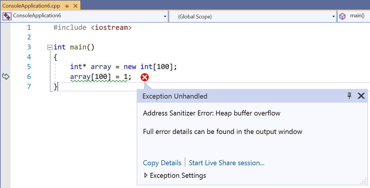 Cpp exceptions. Address Sanitizer c++. Visual Studio 2019 16.7. X^2 cpp. INTELLITEST Visual Studio 2019.