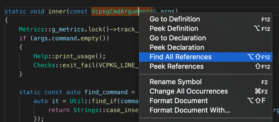 C++ editor with context menu showing "Find all references" menu item selected
