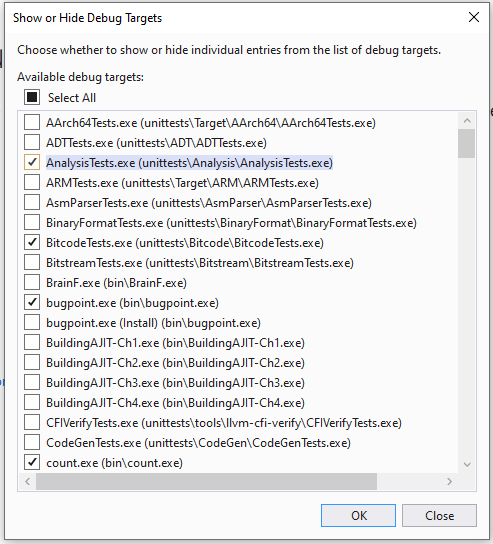 Use the new "Show or Hide Debug Targets" dialogue to show and hide debug targets from the launch drop-down menu in Visual Studio.
