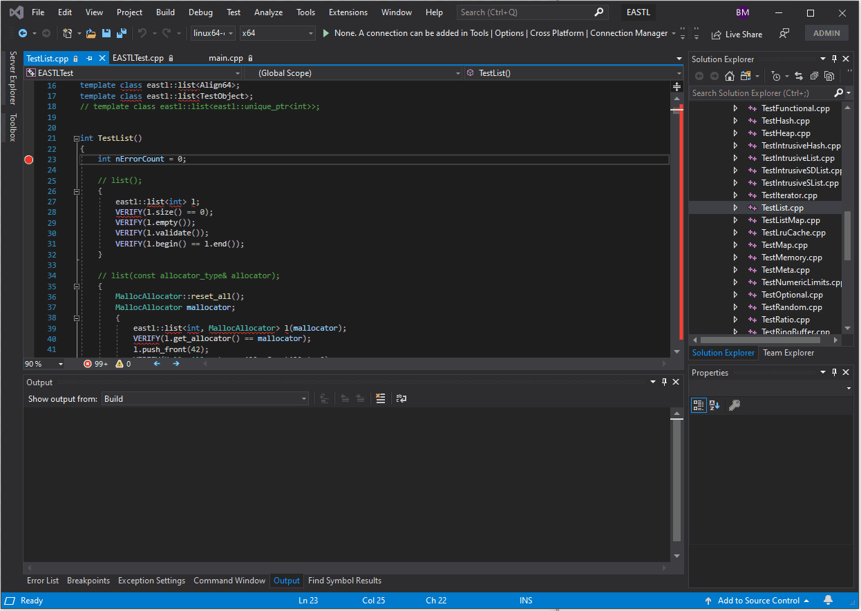 Debugging EASTL using Visual Studio Linux Makefile Projects.