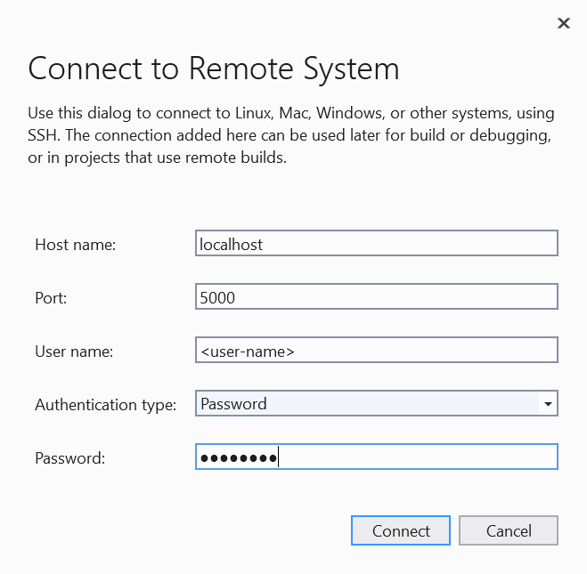 Add a new remote connection in Visual Studio, with input fields for host name, port, user name, authentication type, and password.
