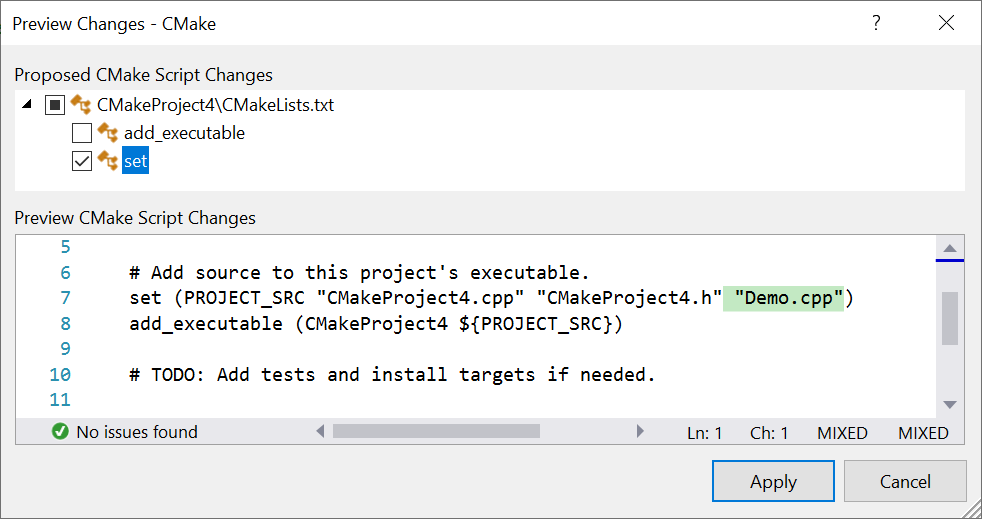Visual Studio will prompt you to resolve ambiguity when adding a new file to your CMake project