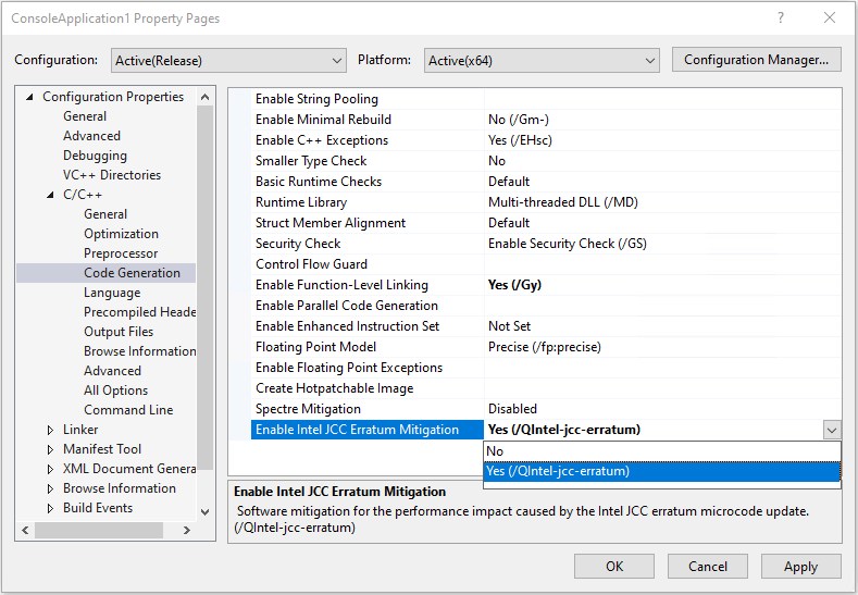 Screenshot of the Enable Intel JCC Erratum Mitigation in the property pages