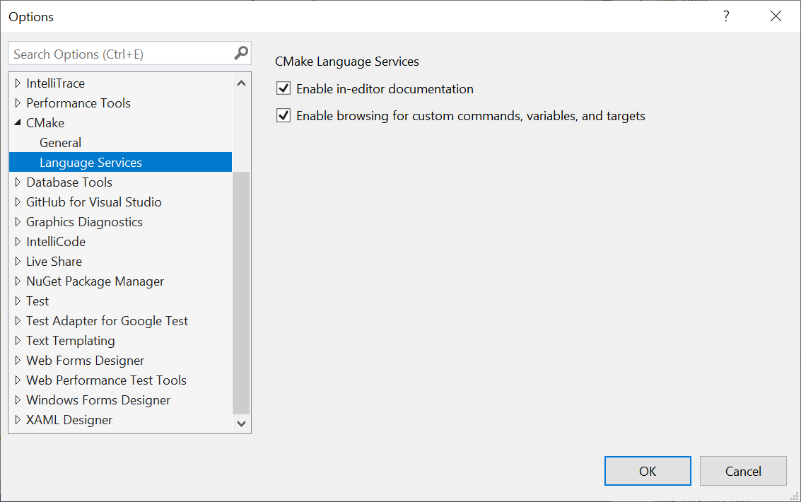 CMake script language service settings in “Tools > Options > CMake > Language Services”.