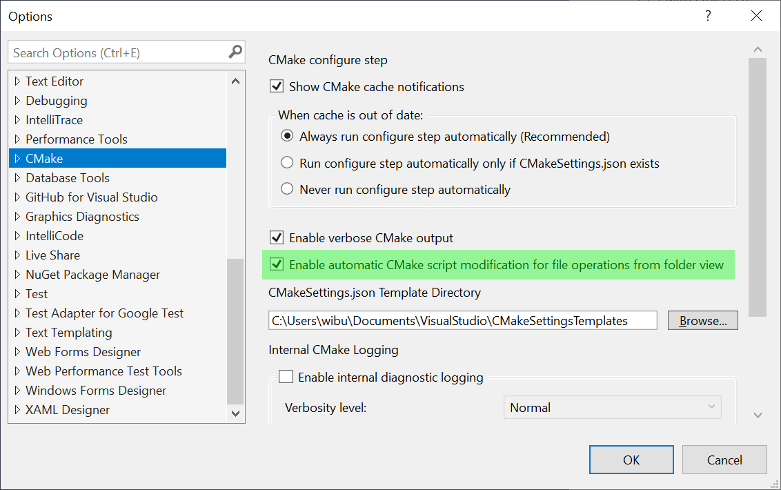 Tools > Options > CMake, “Enable automatic CMake script modification.”