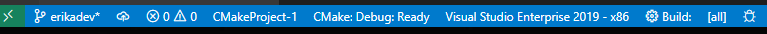 Status bar in Visual Studio Code shows the active folder in the left-hand corner, before the active debug target.