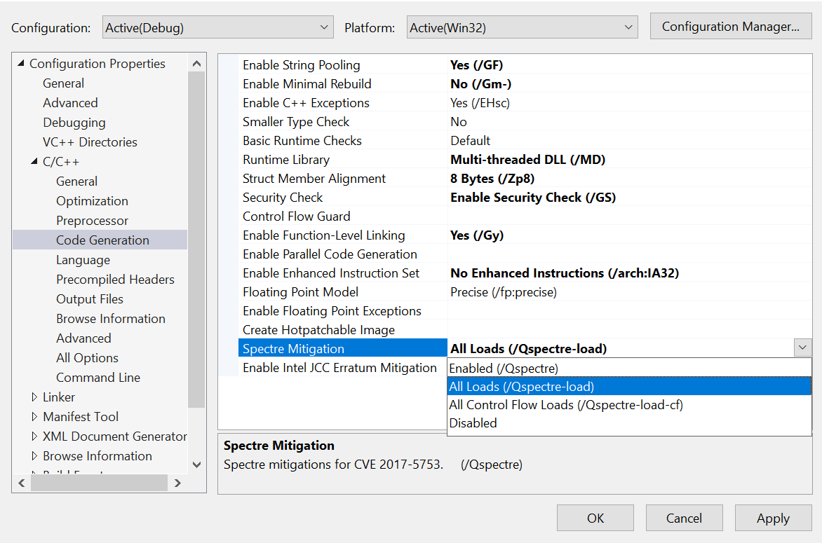 Screencap of the Spectre Mitigation option in the project properties.