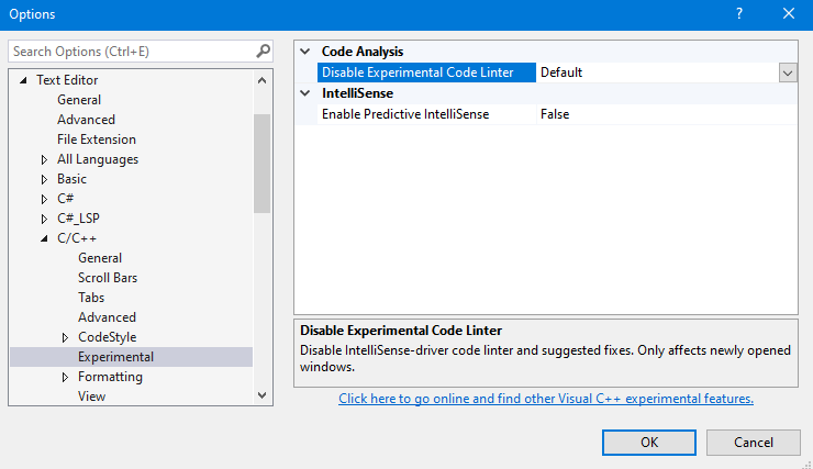 Image shows Tools Options dialog with the Linter option selected