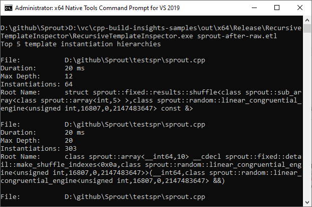 Image that shows the output of the RecursiveTemplateInspector sample for the fixed Sprout codebase in a command-line prompt. The sprout::tpp::all_of template instantiation has disappeared from the list. The new top template instantiations have a low duration and can be ignored.