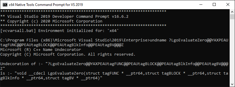A screenshot of an x64 Native Tools Command Prompt for VS 2019 after the undname utility has been executed for a function named LgoEvaluateZero. The output in the command prompt shows that after decoration, it is much easier to understand important pieces of information about LgoEvaluateZero, such as its return value and parameters.