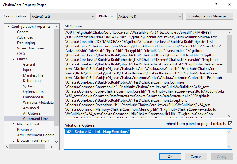 An image that shown the properties window for the ChakraCore project in Visual Studio. The selected page is Configuration Properties -> Linker -> Command Line. The /d2:"-ReducedOptimizeHugeFunctions" option has been added inside the Additional Options text box.