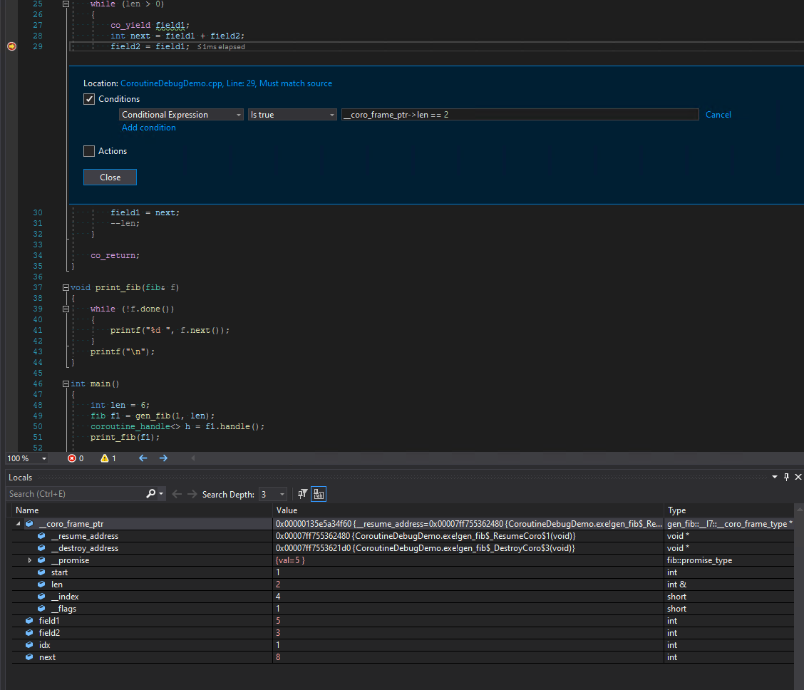 Conditional breakpoints and frame layout 