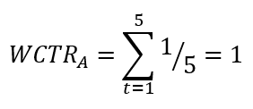 A formula for discrete wall clock time responsibility of compiler A: WCTR sub A = summation from 1 to 5 of 1 over 5 = 1.