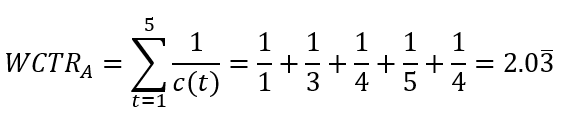 A formula for discrete wall clock time responsibility of compiler A: WCTR sub A = summation from 1 to 5 of 1 over c of t = 1 over 1 + 1 over 3 + 1 over 4 + 1 over 5 + 1 over 4 = 2.03