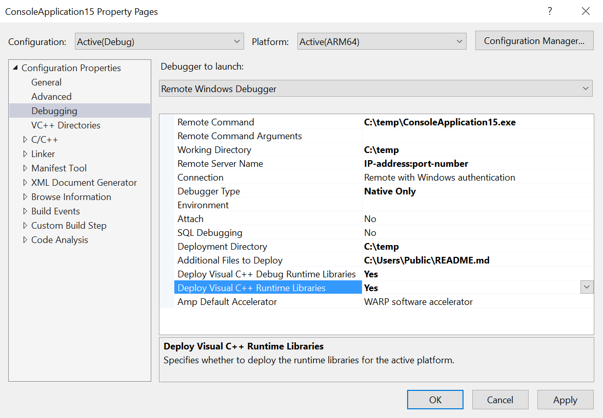 The "Deploy Visual C++ Runtime Libraries" option highlighted and set to Yes