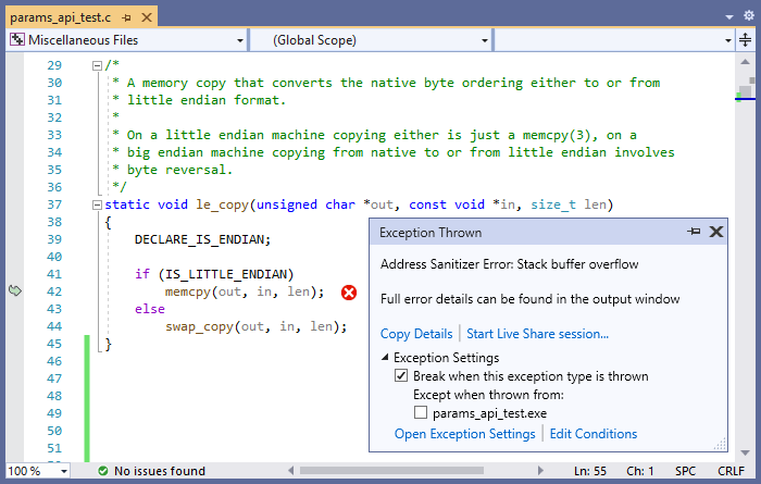 Screenshot of a debugging session in Visual Studio, showing an AddressSanitizer error in the 'le_copy' function on line 'memcpy(out, in, len)'.