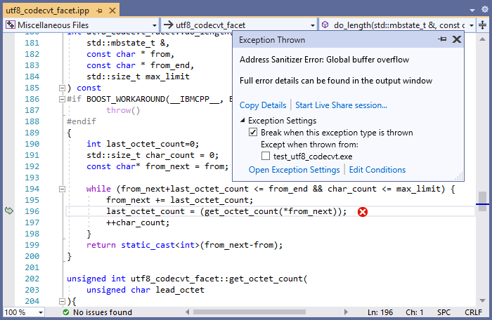 Screenshot of a debugging session in Visual Studio showing an AddressSanitizer global buffer overflow error in the 'do_length' function at line 'last_octet_count = (get_octet_count(*from_next));'