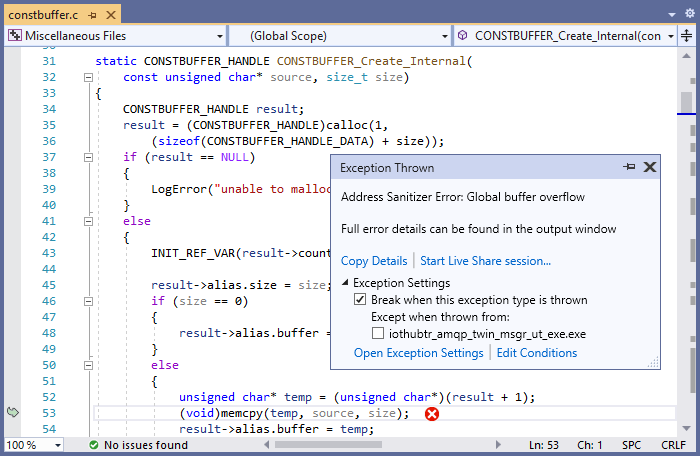 Screenshot of a debugging session in Visual Studio showing an AddressSanitizer error in the 'CONSTBUFFER_Create_Internal' function on line '(void)memcpy(temp, source, size);'